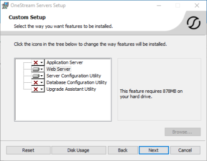 Custom Setup dialog box with Web Server and Server Configuration Utility selected